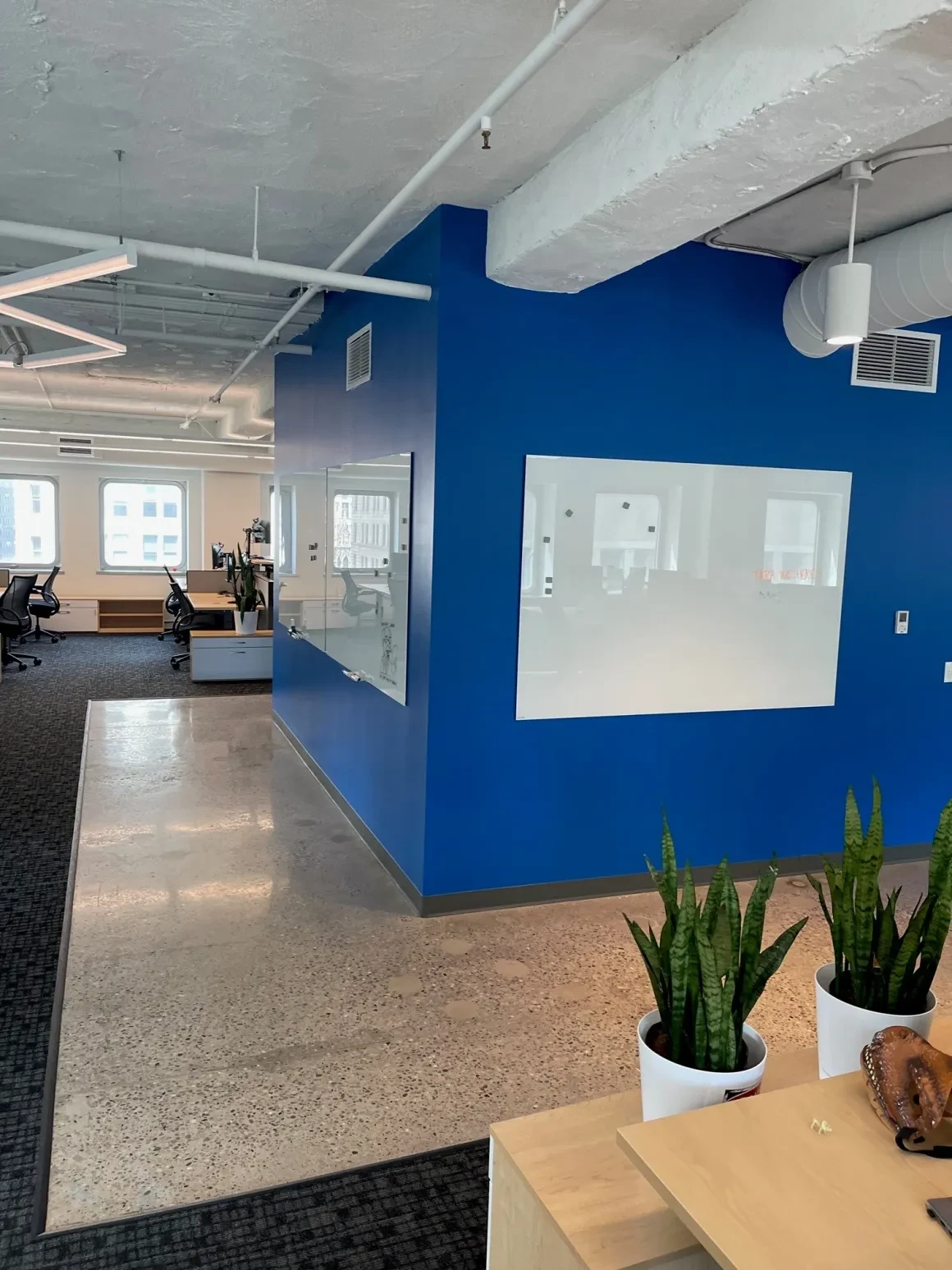 Corporate office with magenta accent wall, workstations, and exposed ceiling