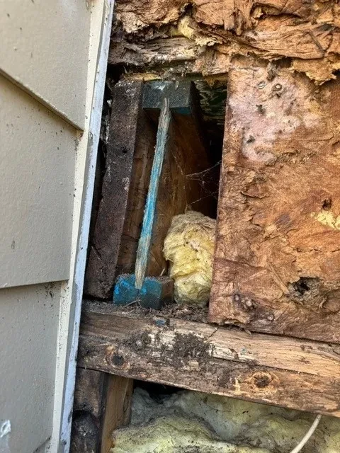 Rotted wall framing and saturated insulation exposed during water damage remediation