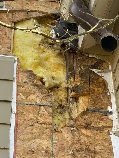Worker removing damaged siding and insulation from exterior wall